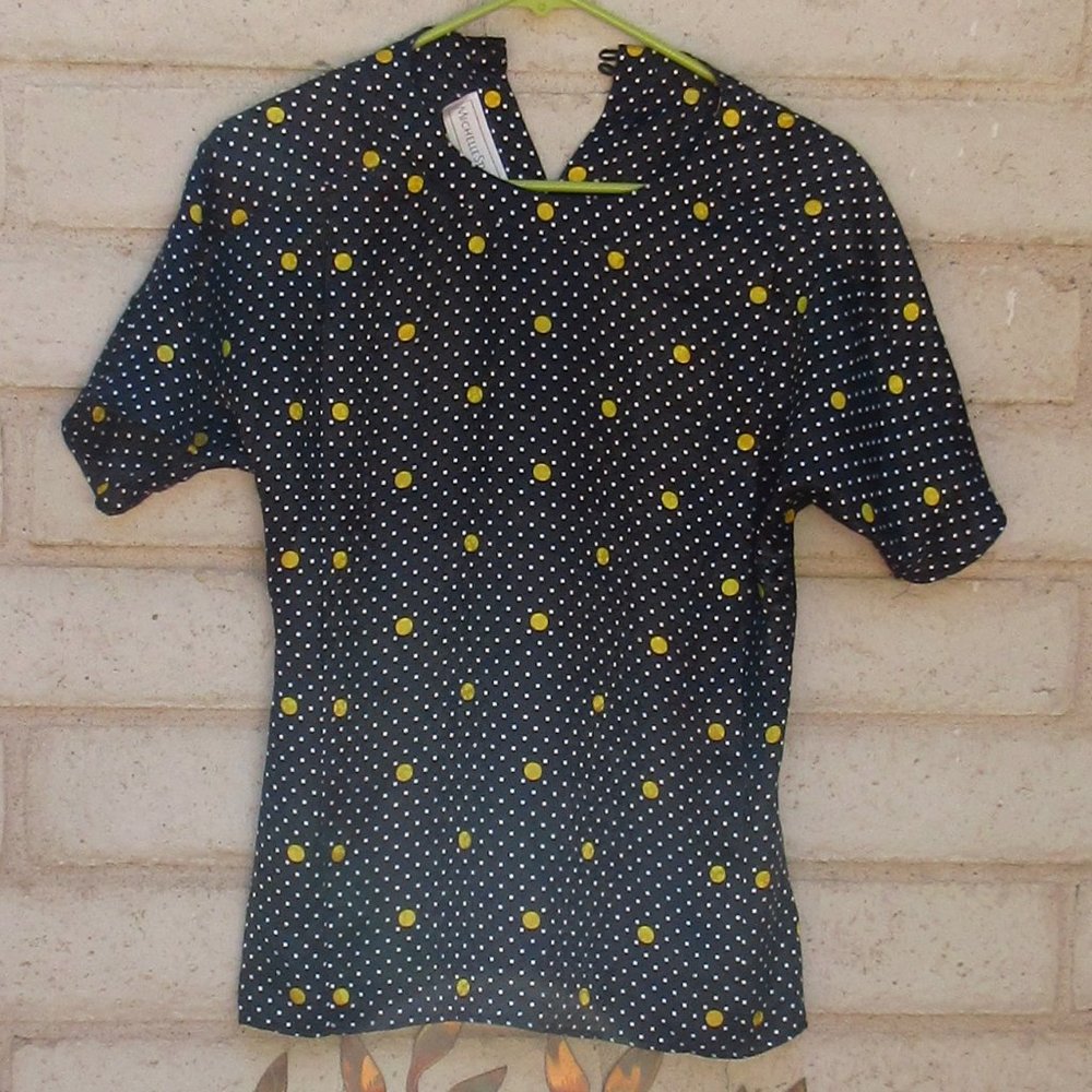 MICHELLE STUART Black Blouse with Polka Dots Medium